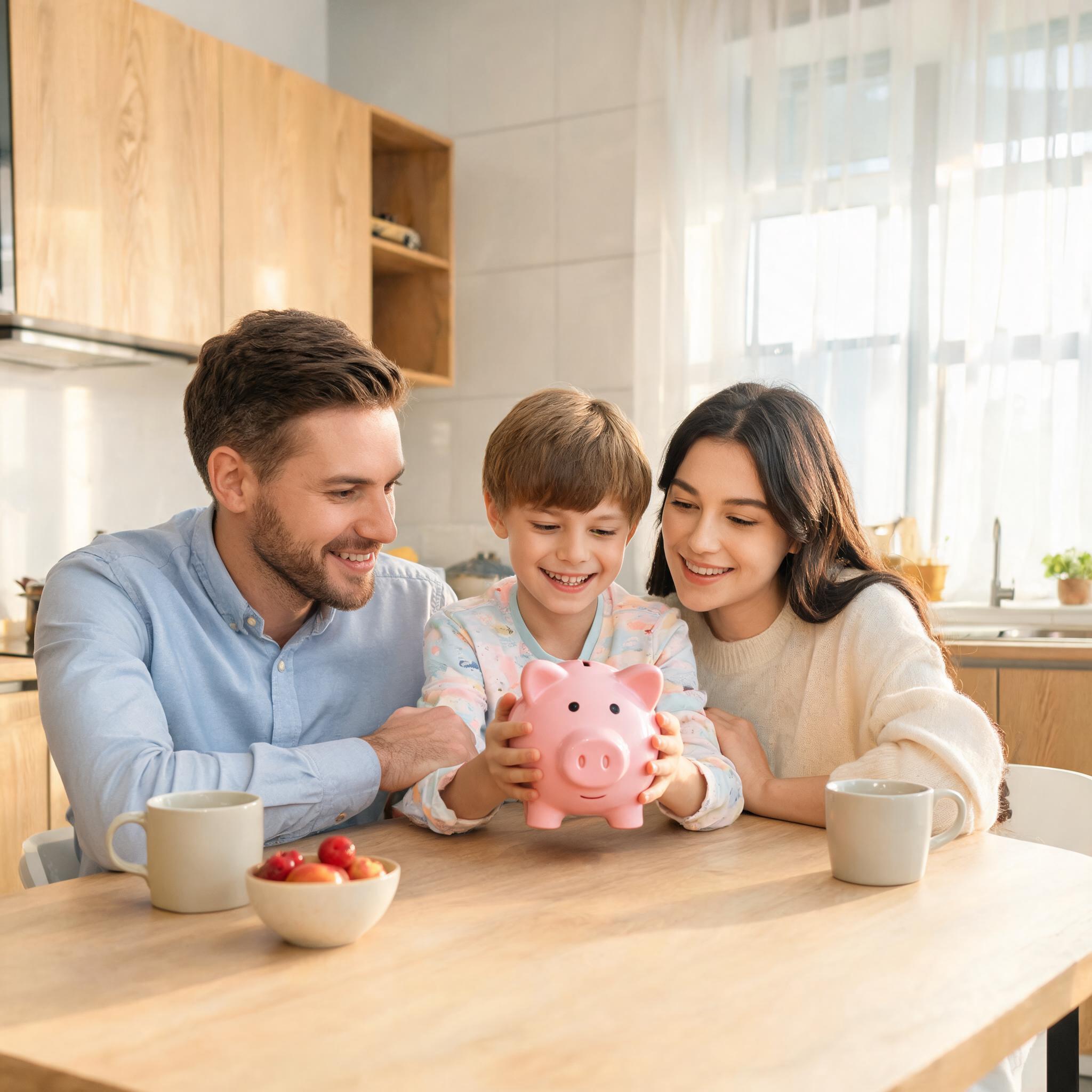 Glückliche Familie spart für die Zukunft des Kindes